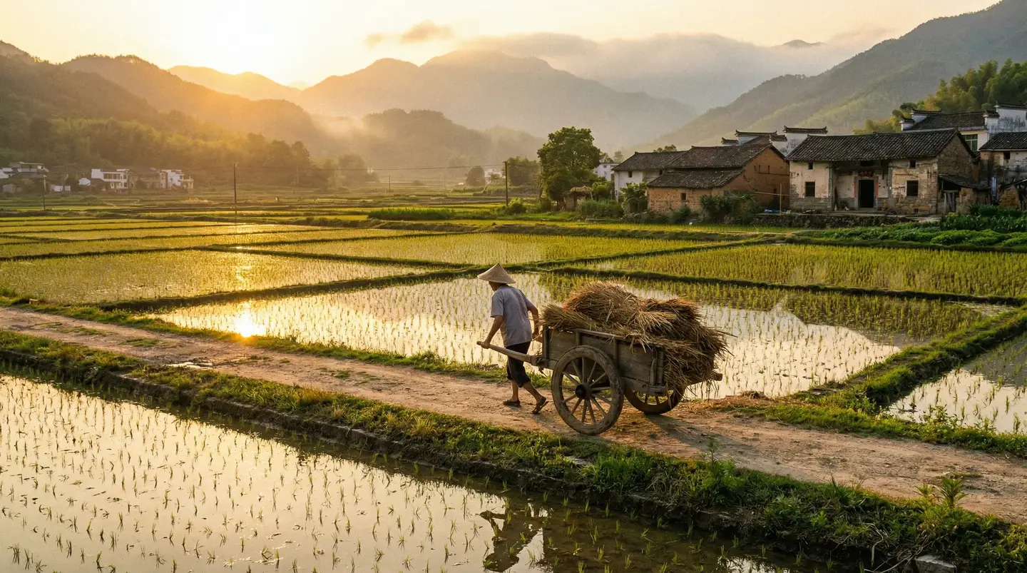 龙凤茶楼苹果版 - 金色夕阳下的乡村田野，老农推着木车行走在田埂上