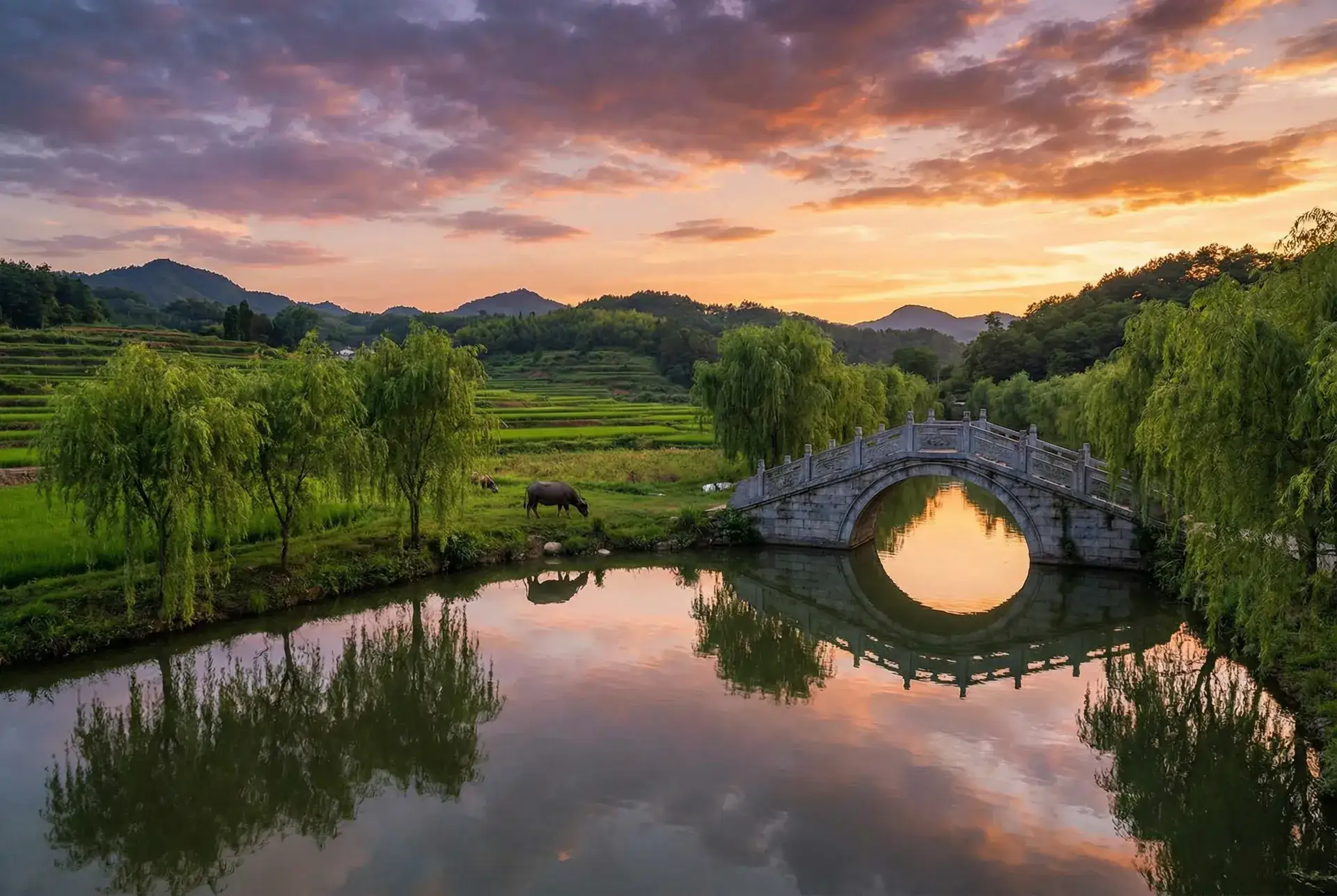 夕阳下的石拱桥与垂柳，水牛在河边吃草 - 龙凤茶楼苹果版 乡村美景